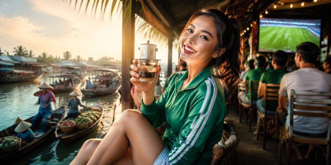 Quán cà phê hiện đại tại Cần Thơ với bầu không khí giải trí nhẹ nhàng và người dùng điện thoại thưởng thức jackpot