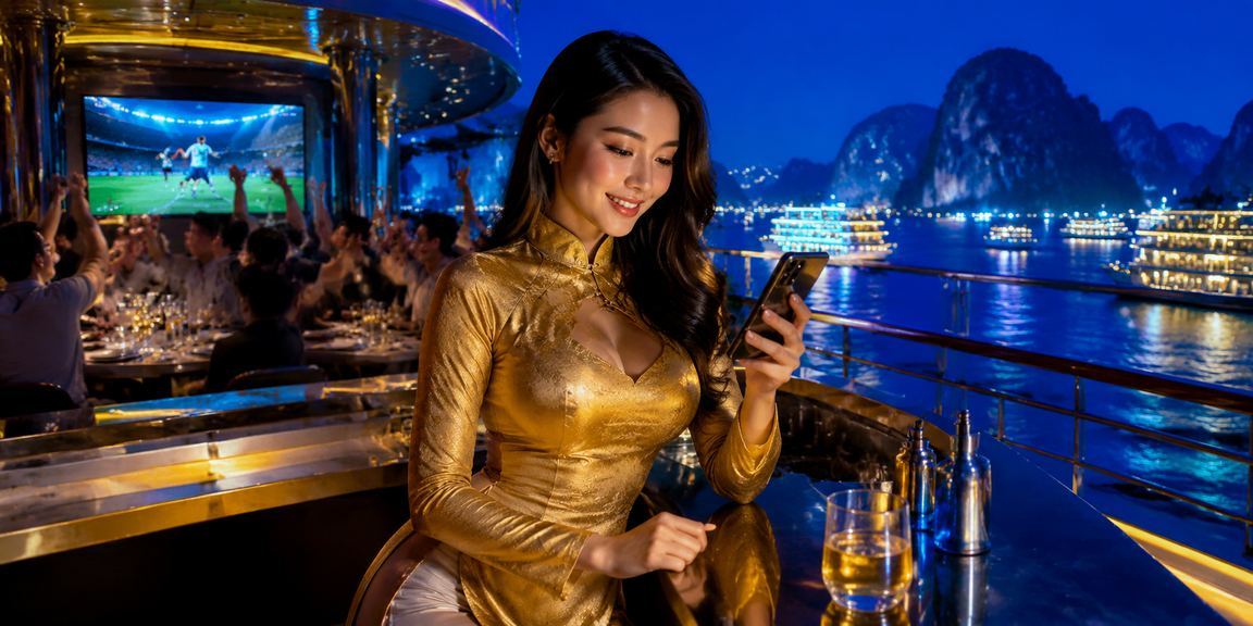 Người phụ nữ mặc áo dài ngồi thưởng ngoạn vịnh Hạ Long và dùng điện thoại trải nghiệm casino di động