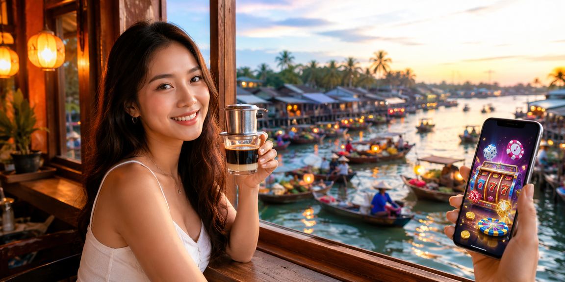 Người dùng tại Phú Quốc nạp tiền và kiểm tra hạng VIP qua điện thoại bên ly cà phê